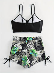Tropical Leaf Print Bikini Set High Waist Two Piece Swimsuit