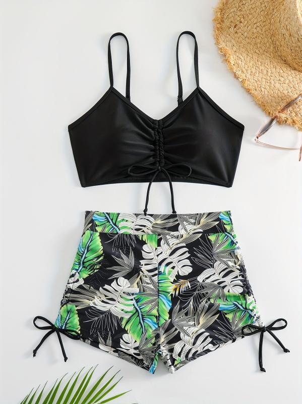 Tropical Leaf Print Bikini Set High Waist Two Piece Swimsuit