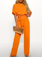 Tie Waist Straight Leg Jumpsuit Short Sleeve Spring & Summer