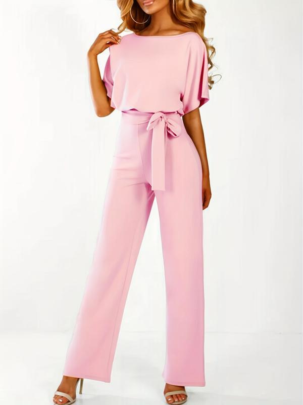 Tie Waist Straight Leg Jumpsuit Short Sleeve Spring & Summer