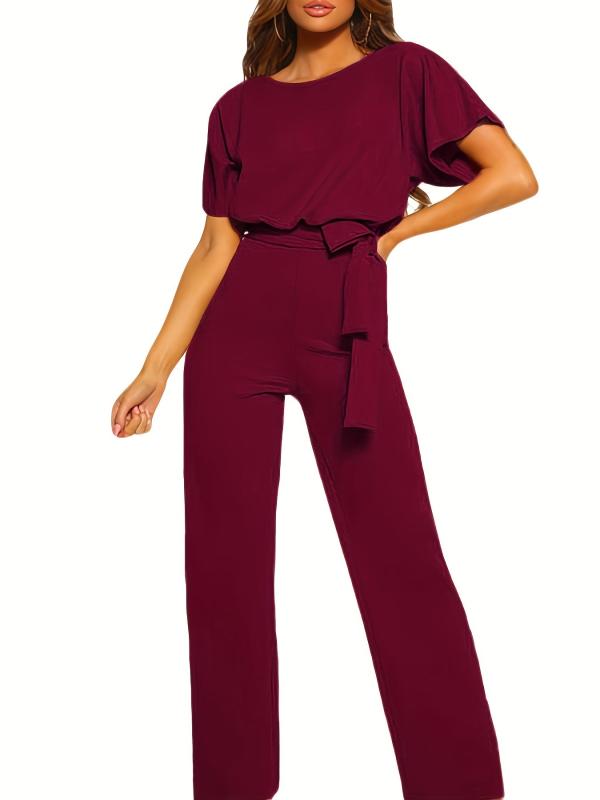 Tie Waist Straight Leg Jumpsuit Short Sleeve Spring & Summer