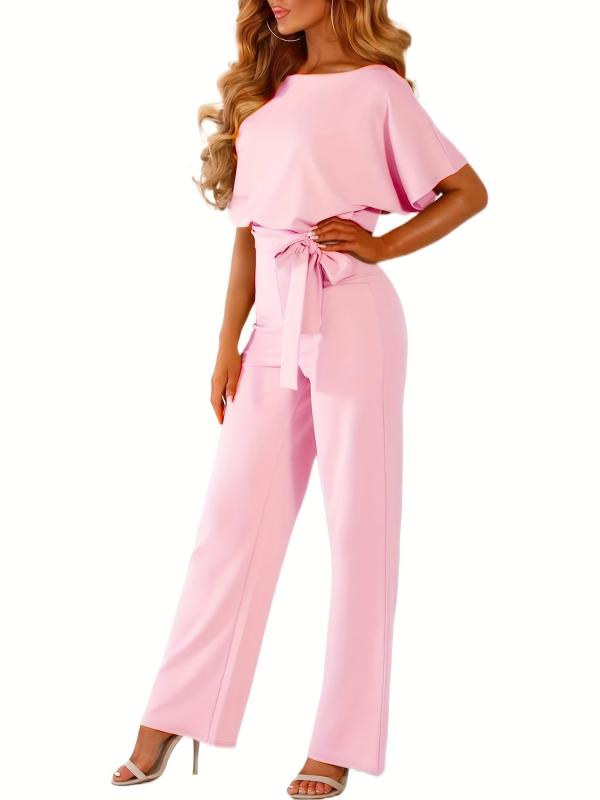 Tie Waist Straight Leg Jumpsuit Short Sleeve Spring & Summer
