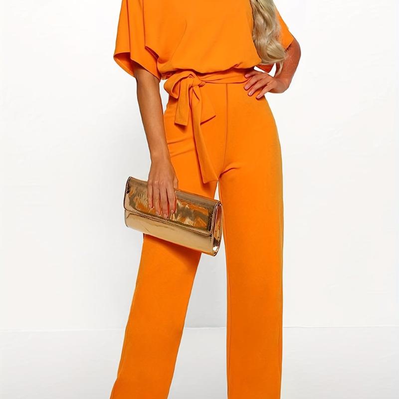 Tie Waist Straight Leg Jumpsuit Short Sleeve Spring & Summer