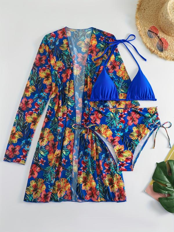 Tropical Print Bikini Set Halter Neck Tie Side High Cut with Cover Up Shirt