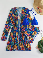 Tropical Print Bikini Set Halter Neck Tie Side High Cut with Cover Up Shirt