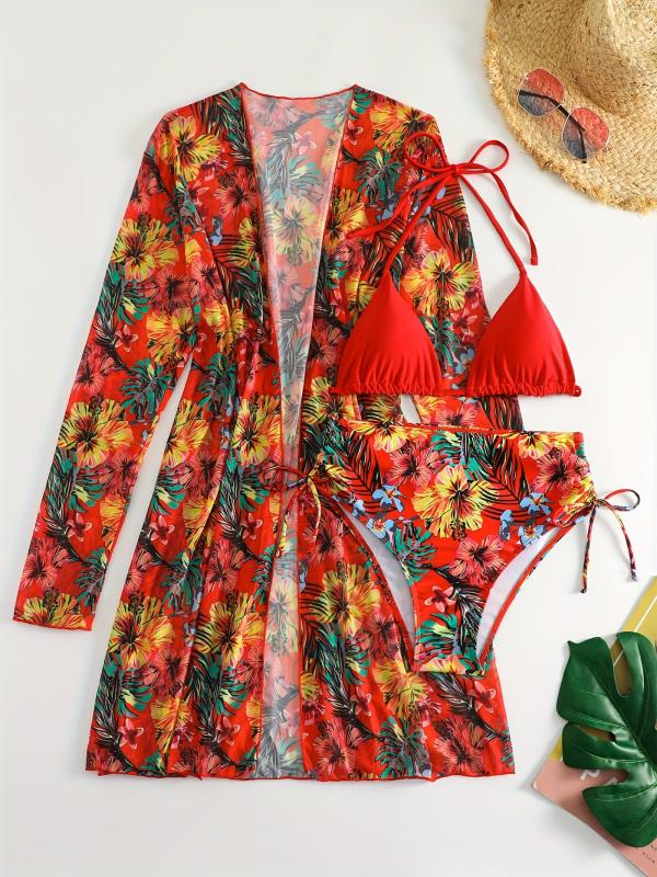 Tropical Print Bikini Set Halter Neck Tie Side High Cut with Cover Up Shirt