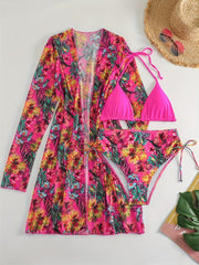 Tropical Print Bikini Set Halter Neck Tie Side High Cut with Cover Up Shirt