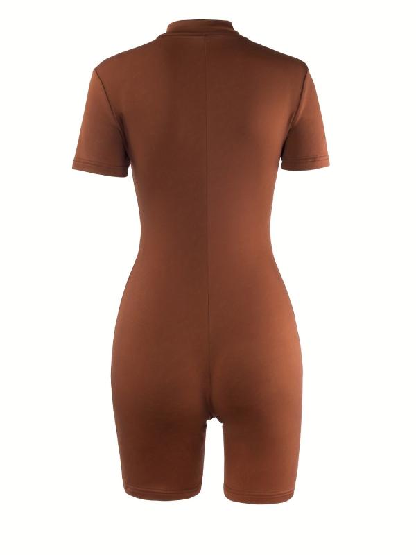 Sexy Short Sleeve Half Zip Bodycon Jumpsuit