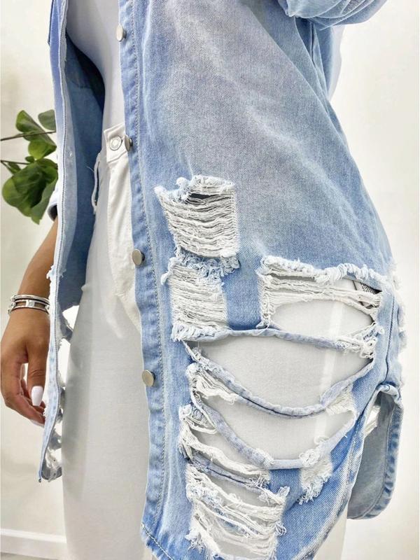 Distressed Denim Jacket Long Button Up Ripped Jean Jacket