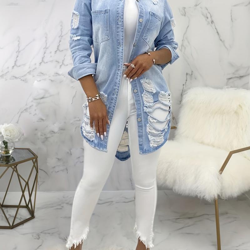Distressed Denim Jacket Long Button Up Ripped Jean Jacket
