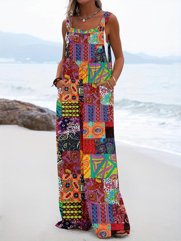 Hippie Patchwork Ethnic Print Jumpsuit Sleeveless Wide Leg