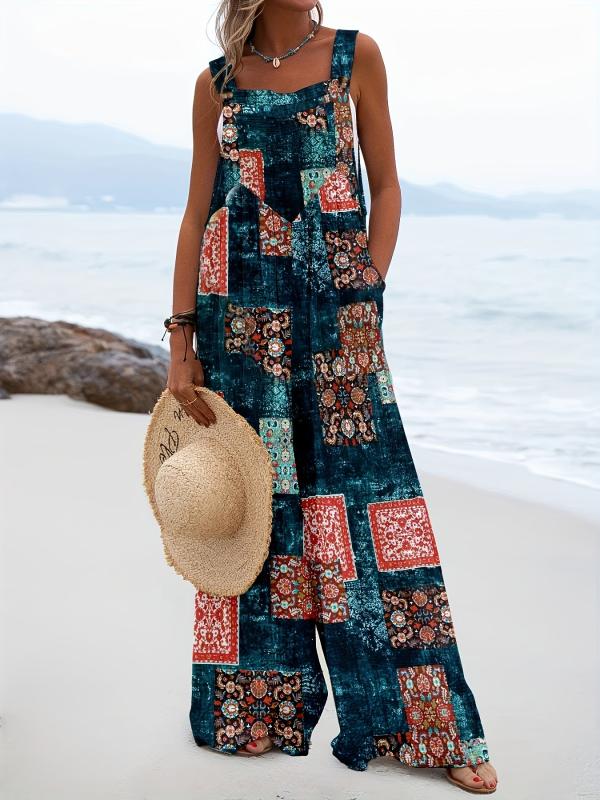 Hippie Patchwork Ethnic Print Jumpsuit Sleeveless Wide Leg