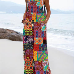 Hippie Patchwork Ethnic Print Jumpsuit Sleeveless Wide Leg