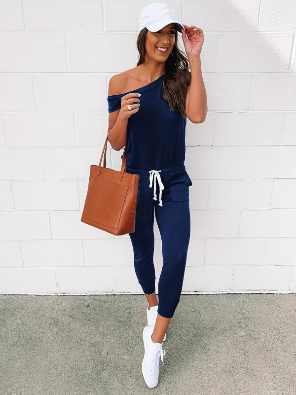 Casual Slanted Shoulder Jumpsuit with Drawstring