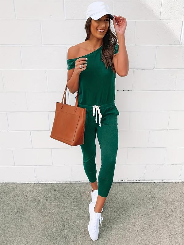 Casual Slanted Shoulder Jumpsuit with Drawstring