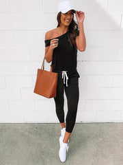 Casual Slanted Shoulder Jumpsuit with Drawstring