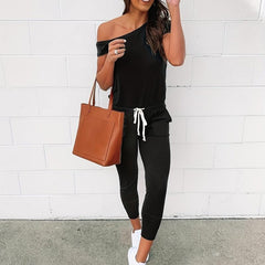 Casual Slanted Shoulder Jumpsuit with Drawstring