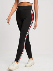 Striped High Waist Leggings Casual Slim Long Length