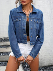 Long Sleeves Denim Coat Single Breasted Button Flap Pockets Cropped