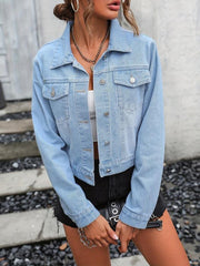 Long Sleeves Denim Coat Single Breasted Button Flap Pockets Cropped