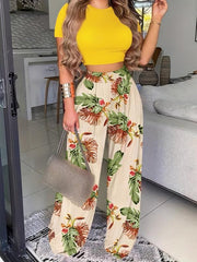 Boho Summer 2Pc Set Solid Short Sleeve T shirt & Floral Print Wide Leg Pants