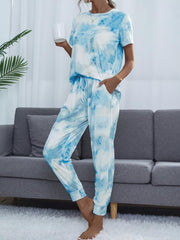 Casual Tie dye Pantsuits Two piece Set Short Sleeve Tops & Drawstring Loose Pan