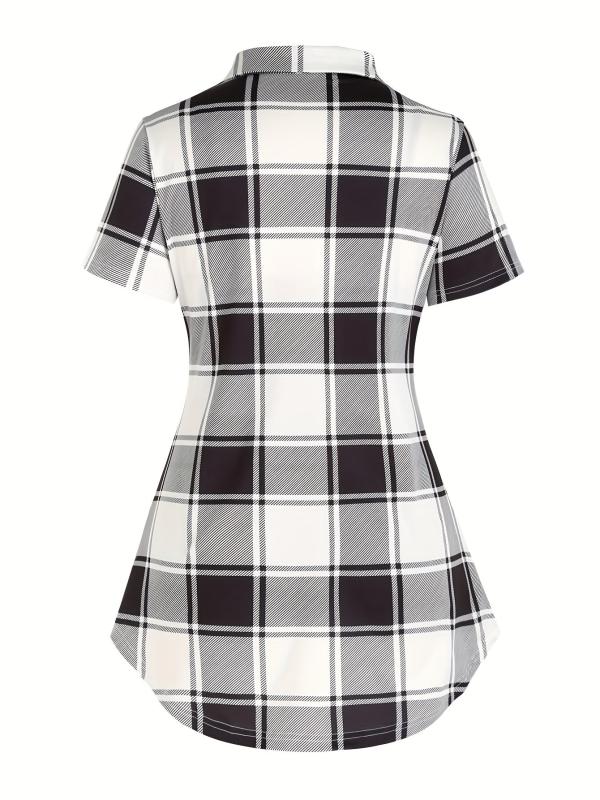 Plaid Print Button Front Shirt & Solid Cami Top Set