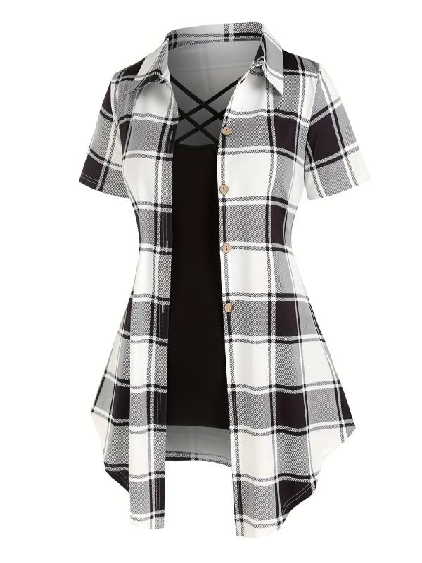 Plaid Print Button Front Shirt & Solid Cami Top Set