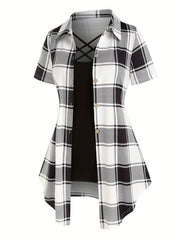 Plaid Print Button Front Shirt & Solid Cami Top Set