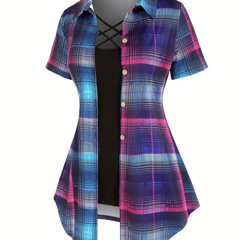 Plaid Print Button Front Shirt & Solid Cami Top Set