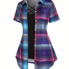 Plaid Print Button Front Shirt & Solid Cami Top Set