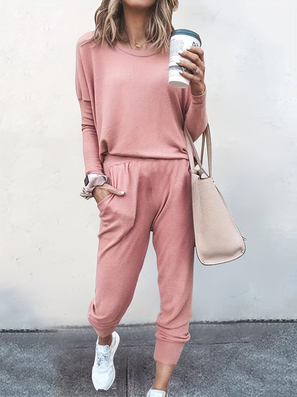 Casual Sporty 2pcs Set Long Sleeve Top & High Waist Pants