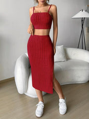 Sexy Two Piece Skirt Set Crop Cami Top & Split Skirt Outfits
