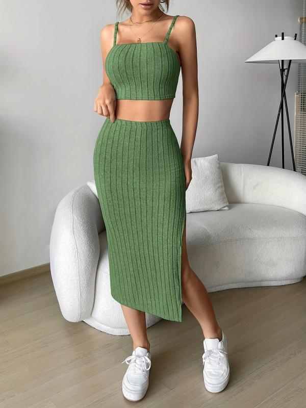Sexy Two Piece Skirt Set Crop Cami Top & Split Skirt Outfits