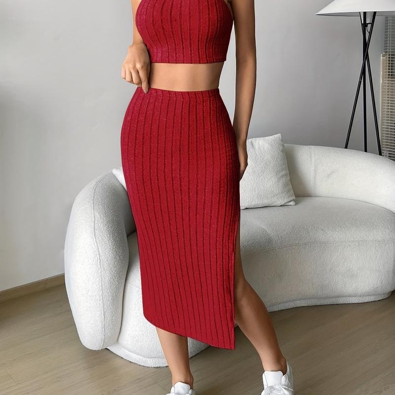 Sexy Two Piece Skirt Set Crop Cami Top & Split Skirt Outfits