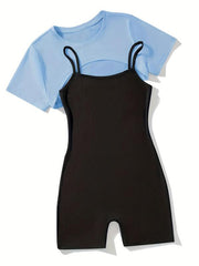 Casual 2-Piece Short Sleeve Crop Top & Cami Romper Set