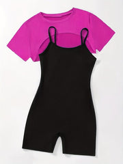 Casual 2-Piece Short Sleeve Crop Top & Cami Romper Set