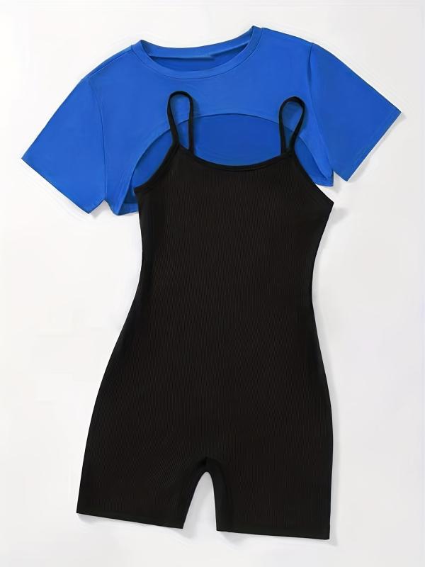 Casual 2-Piece Short Sleeve Crop Top & Cami Romper Set