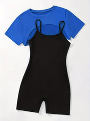 Casual 2-Piece Short Sleeve Crop Top & Cami Romper Set