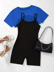 Casual 2-Piece Short Sleeve Crop Top & Cami Romper Set
