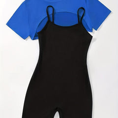 Casual 2-Piece Short Sleeve Crop Top & Cami Romper Set