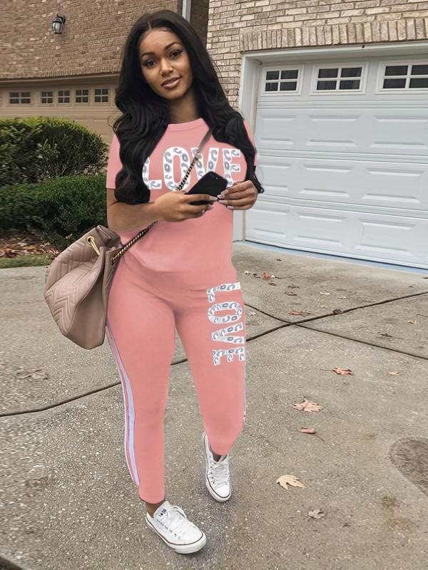 Casual Two piece Set Short Sleeve T shirt & Side Striped Pants