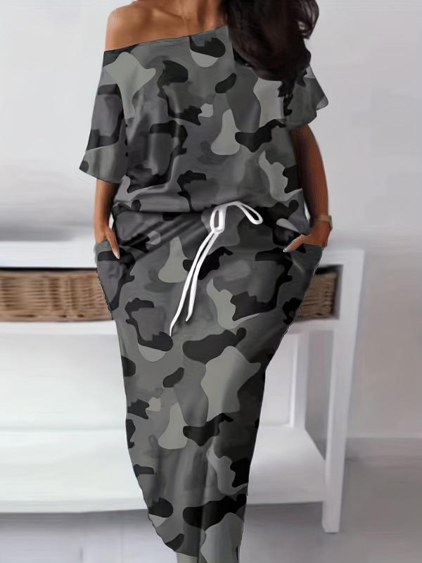 Camouflage Two Piece Skirt Set Short Sleeve T shirt & Drawstring Skirt