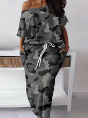 Camouflage Two Piece Skirt Set Short Sleeve T shirt & Drawstring Skirt
