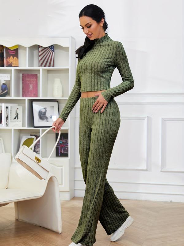 Ribbed Two Piece Set High Neck Long Sleeve Top & Flared Leg Pants Outfit