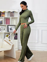 Ribbed Two Piece Set High Neck Long Sleeve Top & Flared Leg Pants Outfit