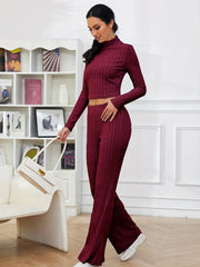 Ribbed Two Piece Set High Neck Long Sleeve Top & Flared Leg Pants Outfit