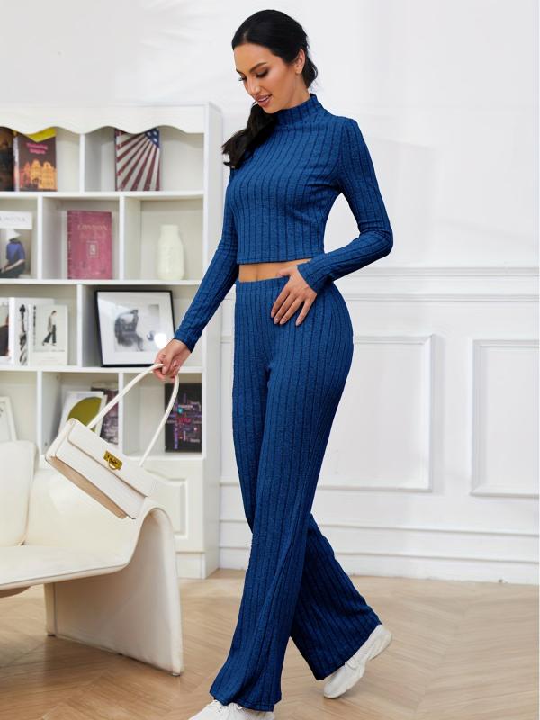 Ribbed Two Piece Set High Neck Long Sleeve Top & Flared Leg Pants Outfit