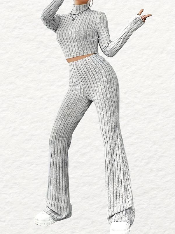 Ribbed Two Piece Set High Neck Long Sleeve Top & Flared Leg Pants Outfit