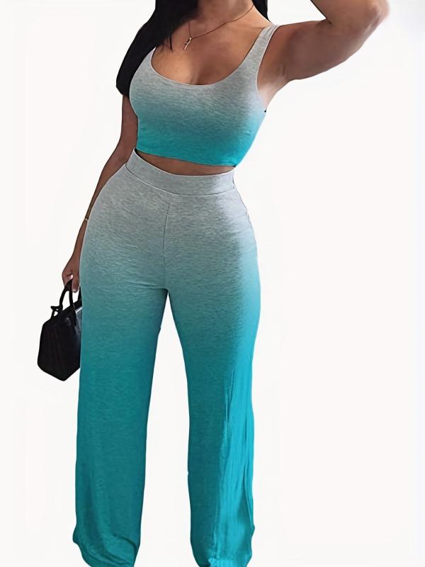 Casual Workout 2 Pieces Set Tank Top & Wide Leg Pants Women's Clothing